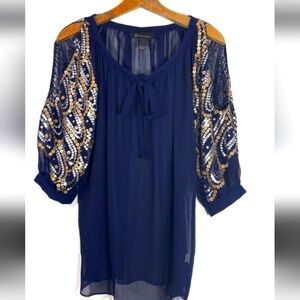 INC Navy Cold Shoulder Gold Sequin Tunic.
